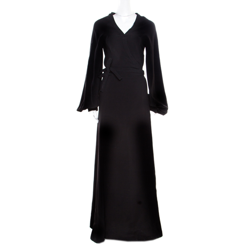 Image of Reem Acra Black Silk Maxi Wrap Dress L