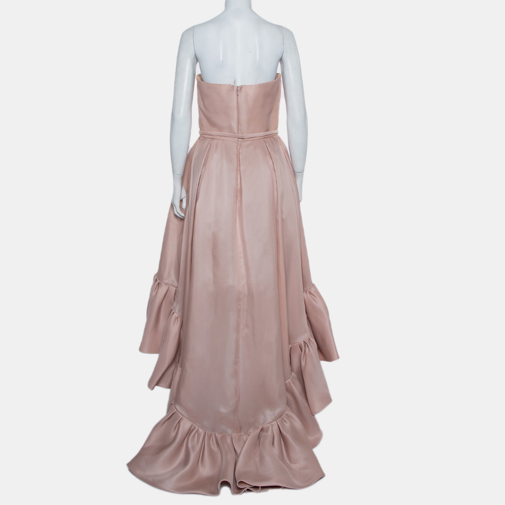 Reem Acra Pink Silk Ruffled Asymmetric Hem Strapless Gown M