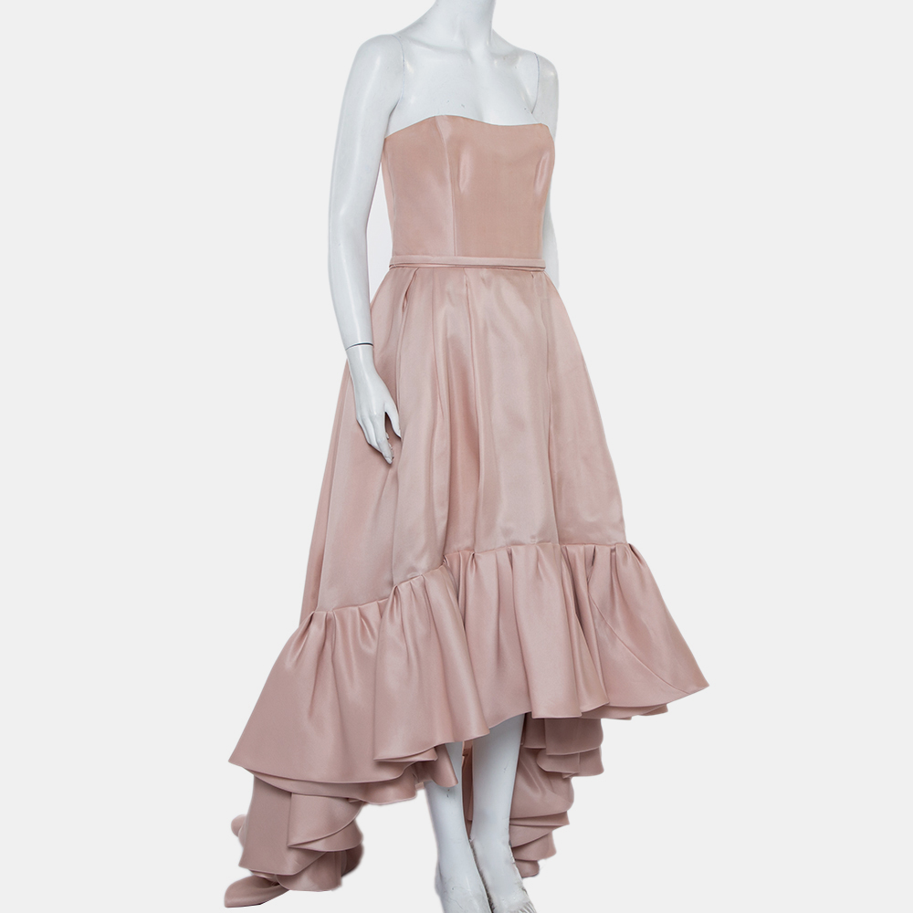 Reem Acra Pink Silk Ruffled Asymmetric Hem Strapless Gown M