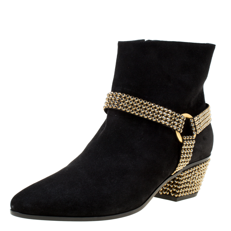 Image of Ren&eacute; Caovilla Black Suede Crystal Embellished Pointed Toe Ankle Boots Size