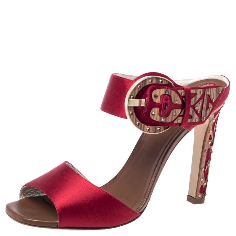 Image of Rene Caovilla Red Satin Embellished Buckle Sandals Size .