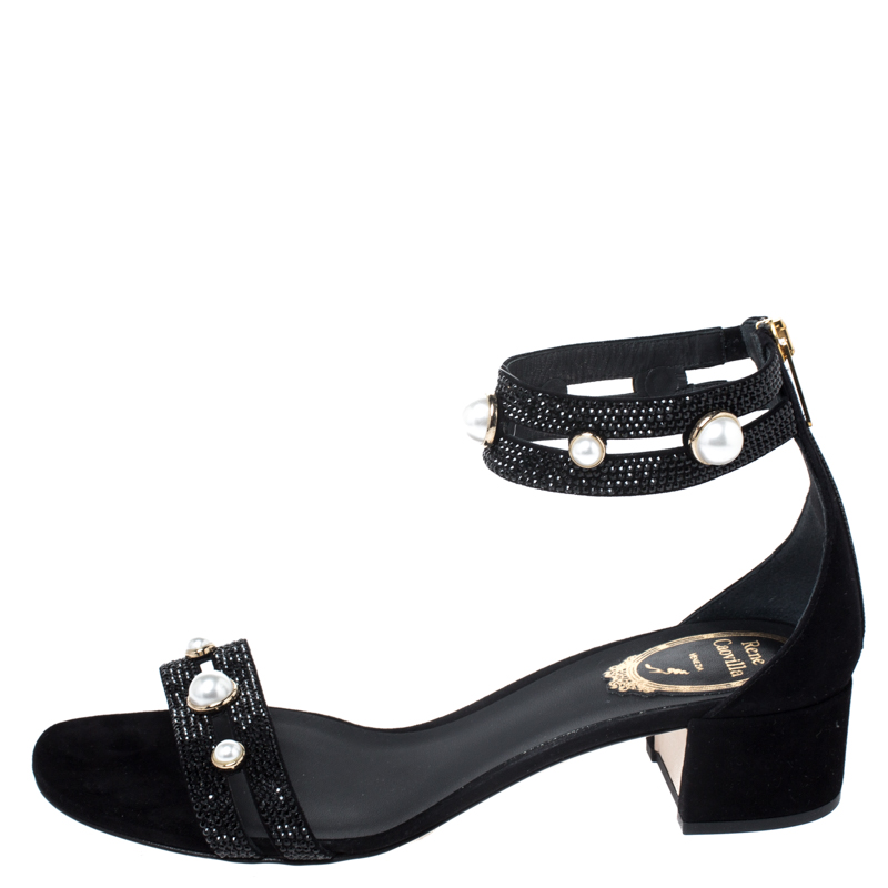 

Rene Caovilla Black Suede Crystal And Pearl Embellished Block Heel Sandals Size