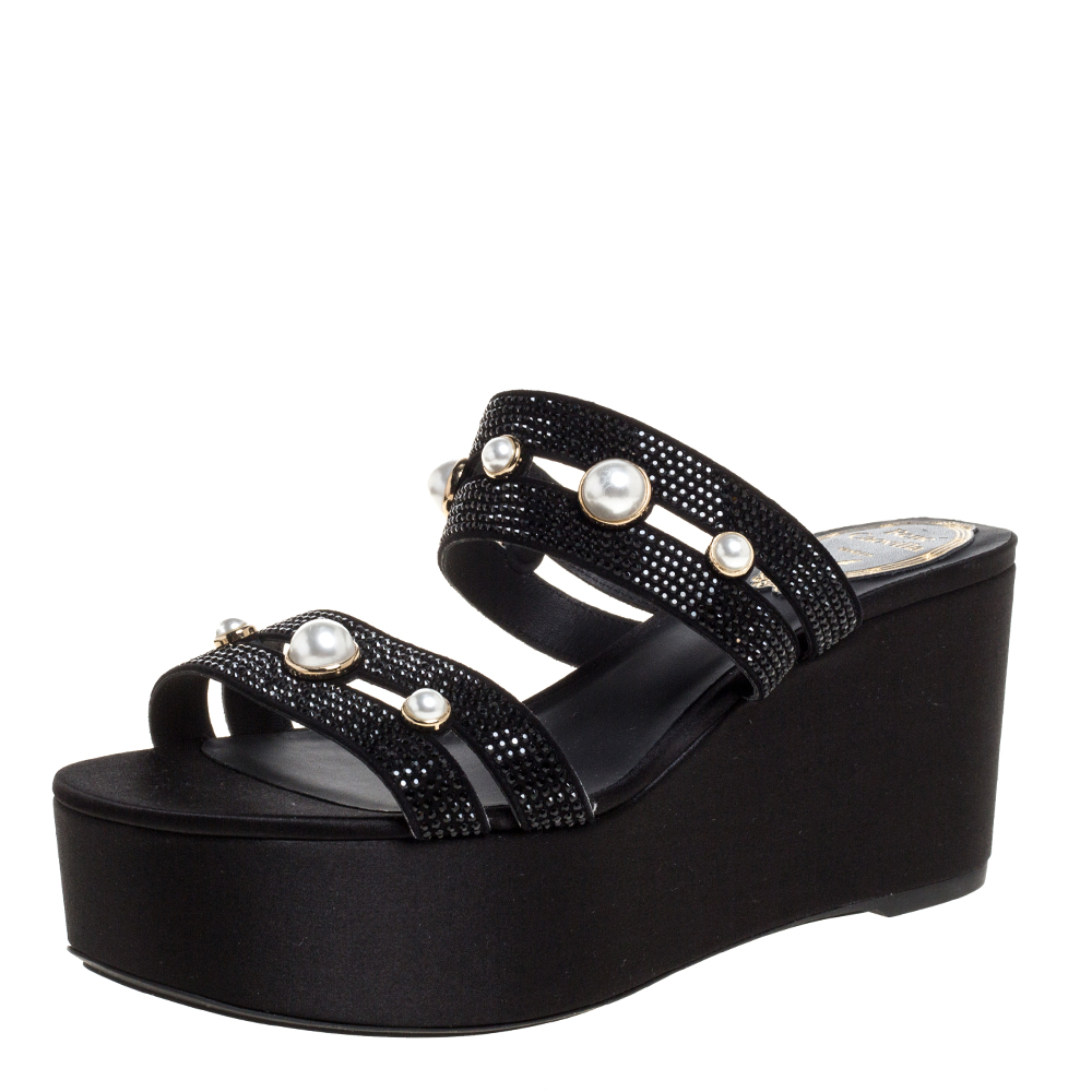 Image of Ren&eacute; Caovilla Black Crystal Embellished Suede Leather Lucia Wedge Platform Sandals Size