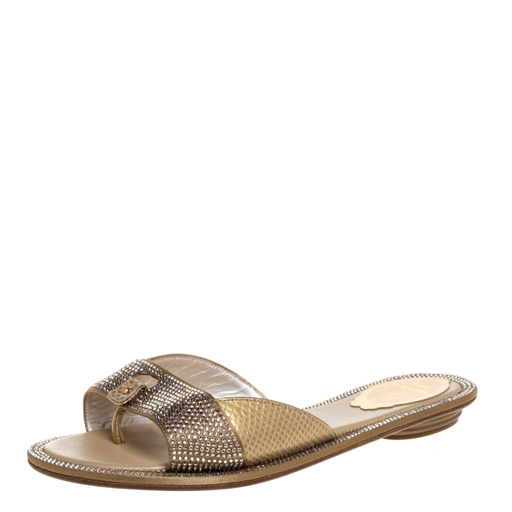 Image of Ren&eacute; Caovilla Gold Leather And Crystal Embellished Satin Thong Flat Slides Size