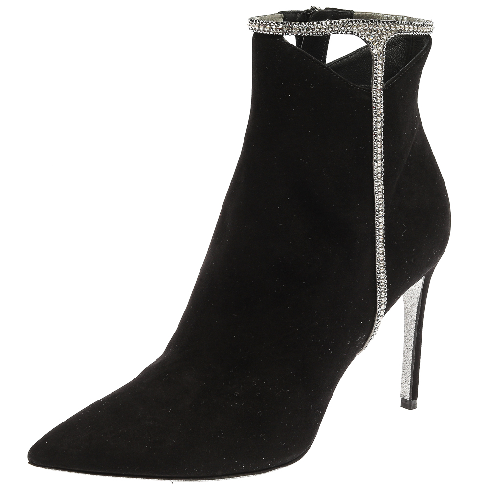 Image of Rene Caovilla Black Cut Out Suede Crystal Embellished Ankle Boots Size