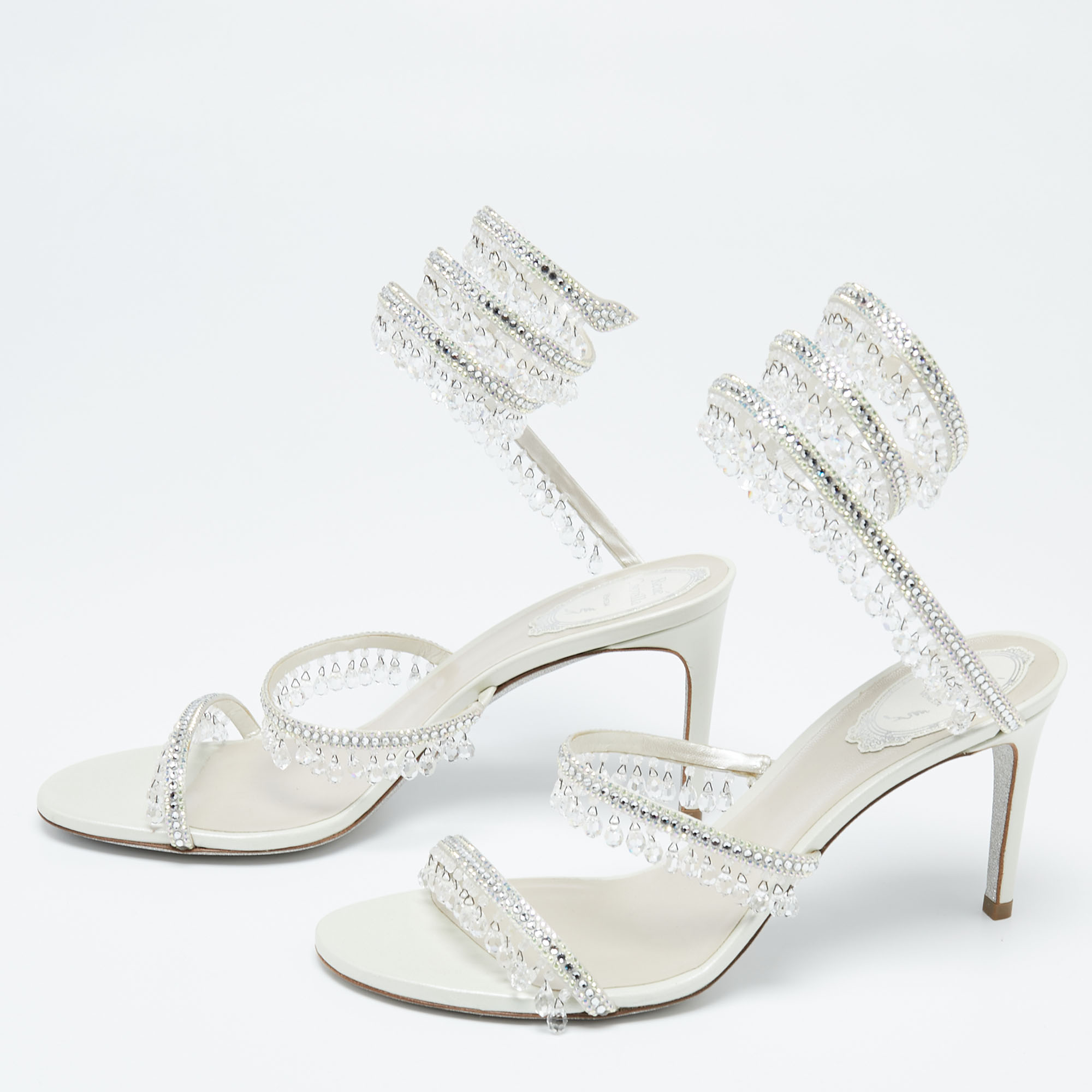 

Rene Caovilla White Leather Crystal Embellished Chandelier Ankle Wrap Sandals Size