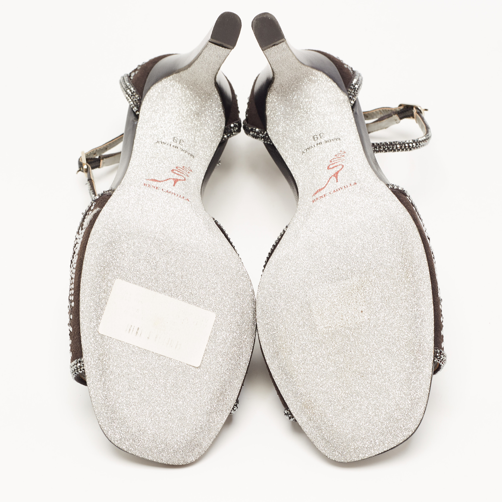 René Caovilla Black Suede Crystal Embellished Ankle Strap Sandals Size 39
