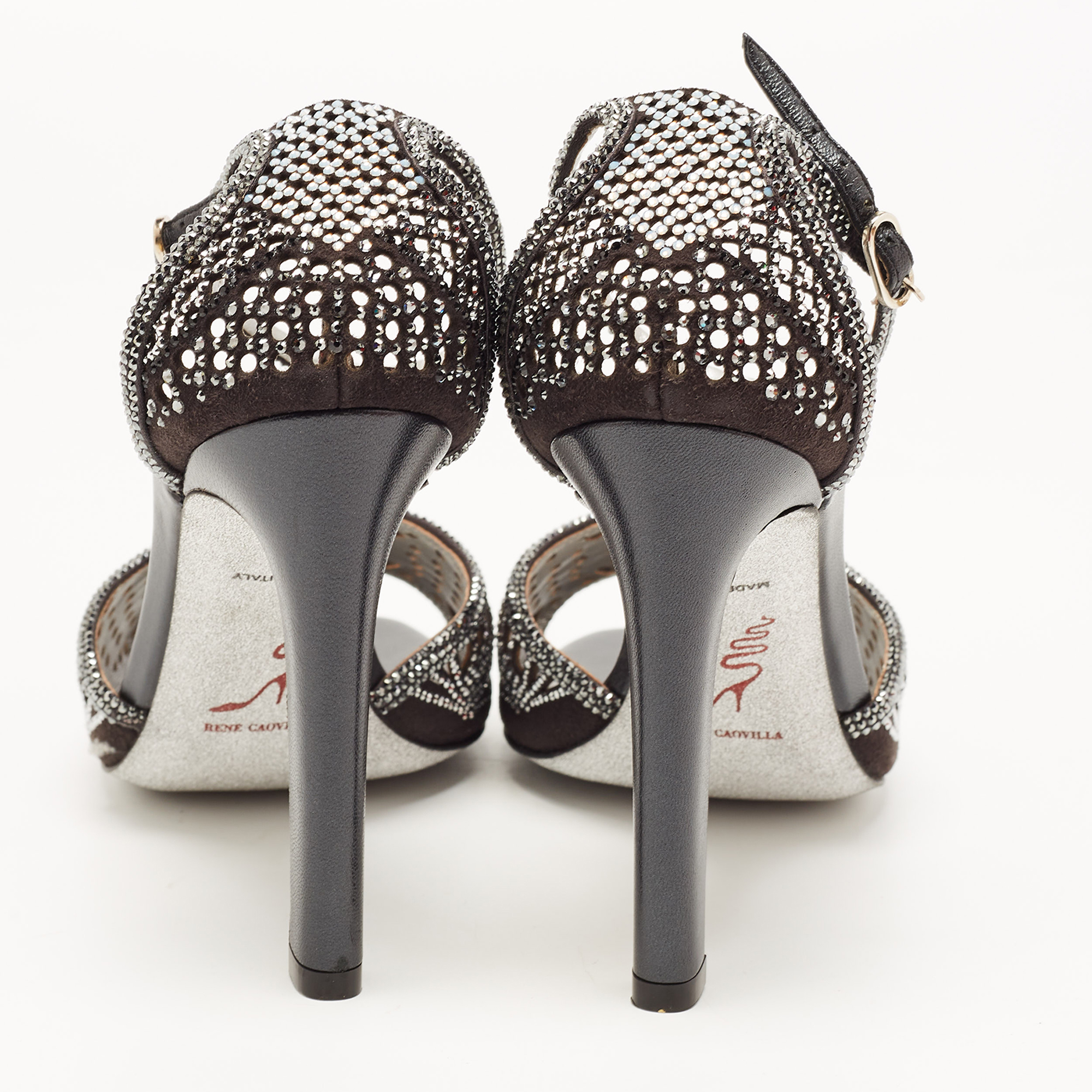 René Caovilla Black Suede Crystal Embellished Ankle Strap Sandals Size 39