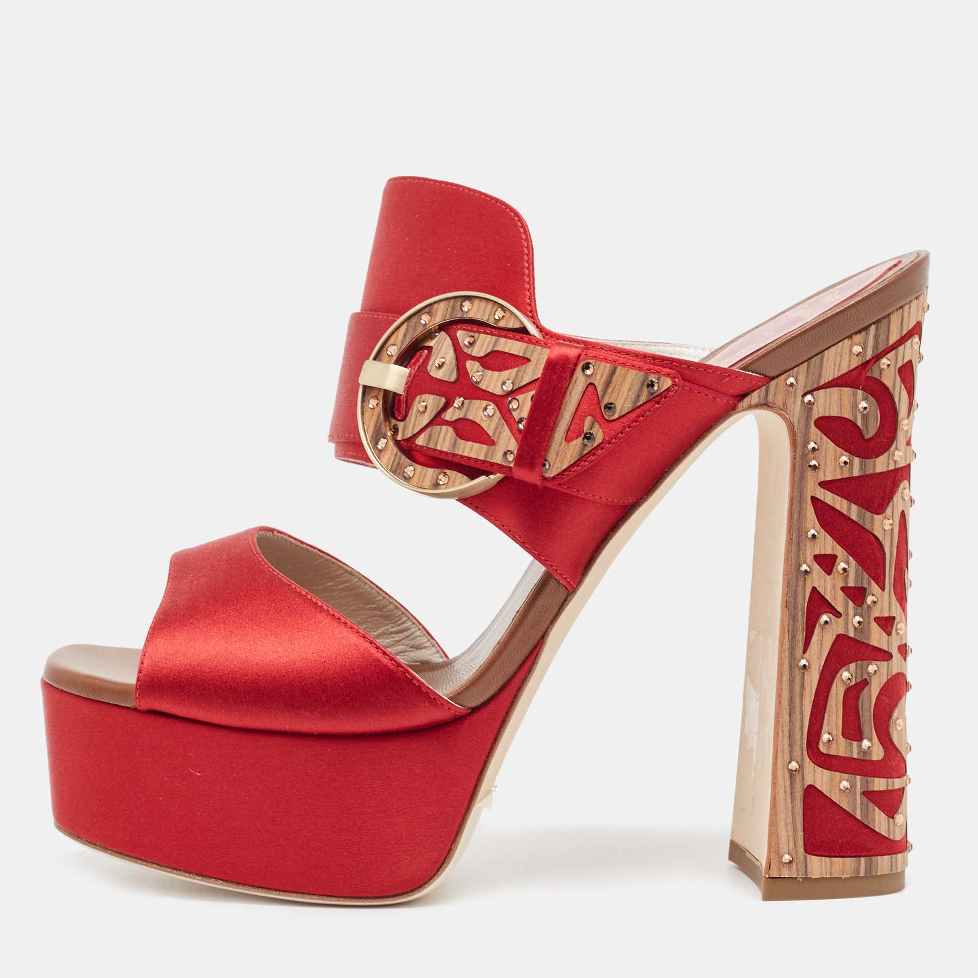 René Caovilla Satin Buckle Detail Crystal Embellished Block Heel Platform Sandals Size 39