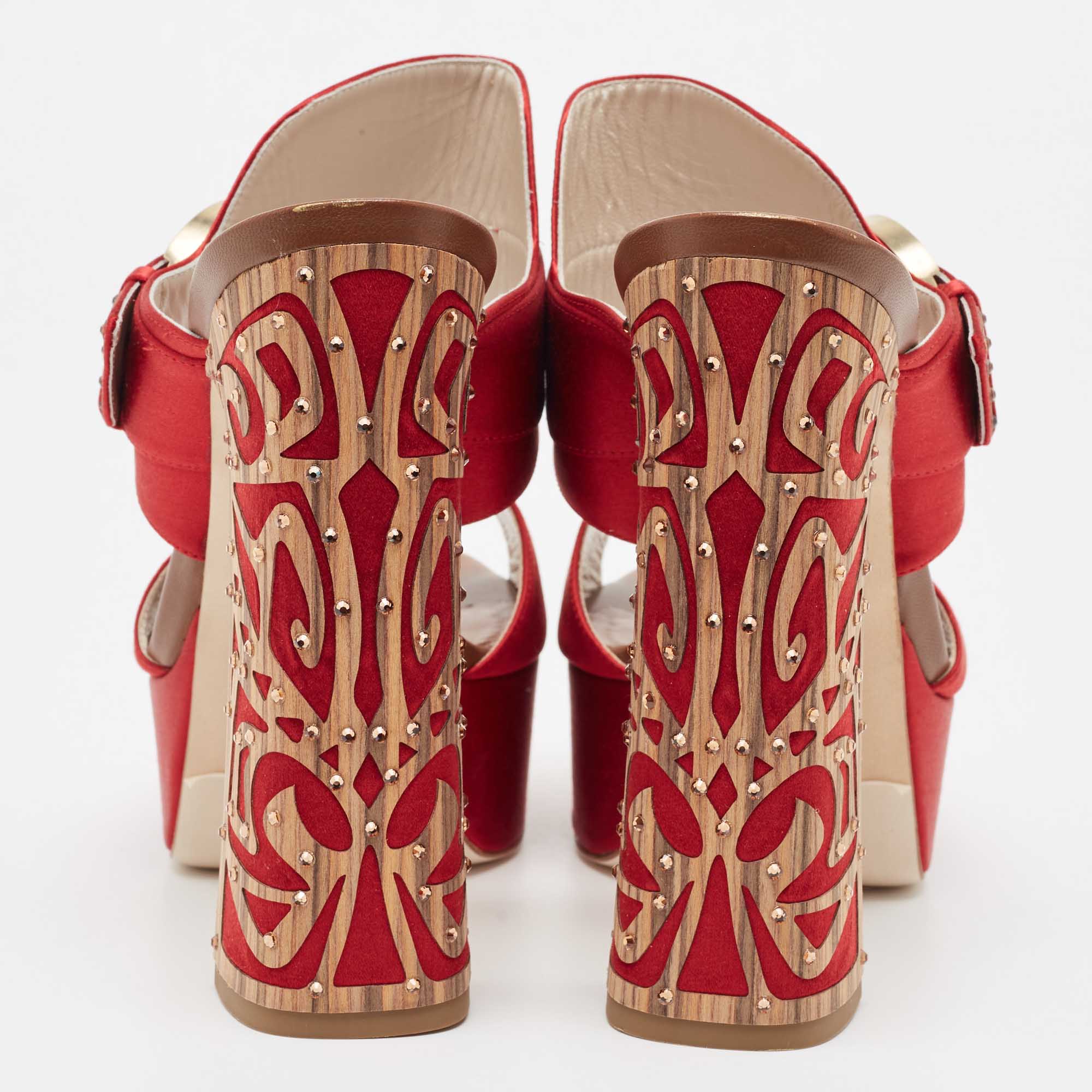 René Caovilla Satin Buckle Detail Crystal Embellished Block Heel Platform Sandals Size 39