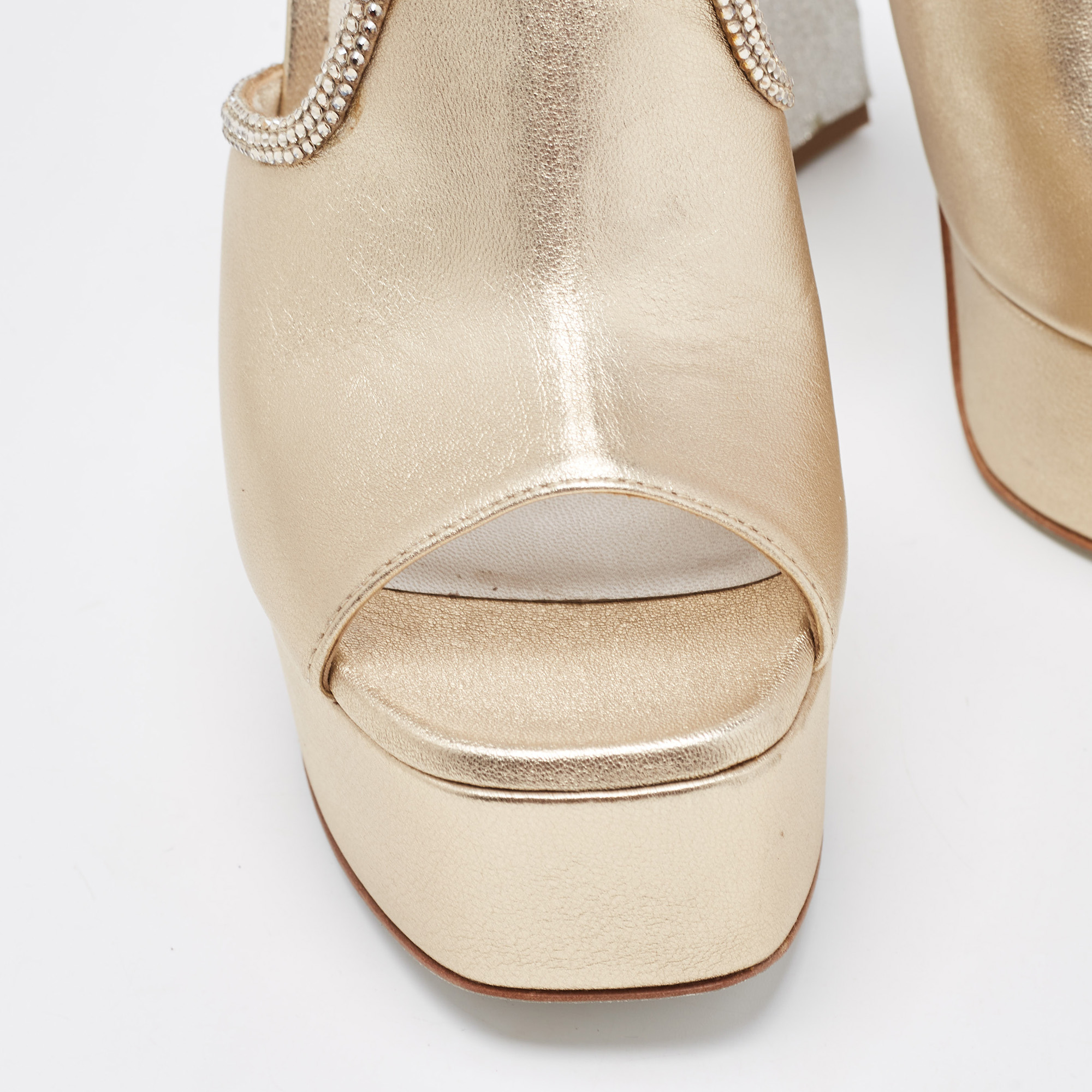 René Caovilla Metallic Gold Leather Crystal Embellished Slide Sandals Size 36