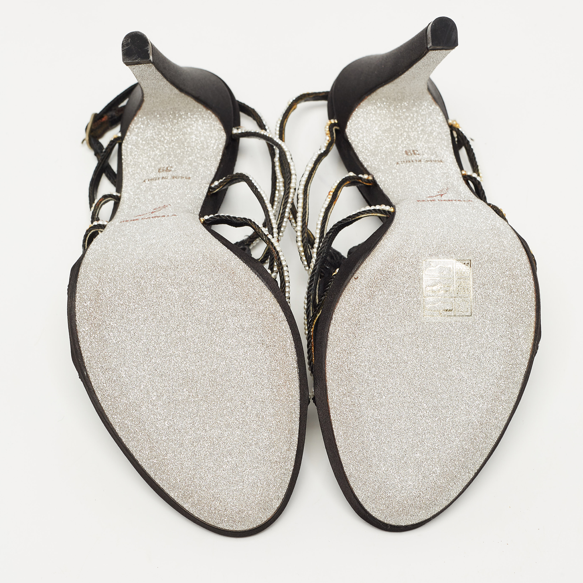 René Caovilla Black Cord Embellished Pearl Slingback Sandals Size 39
