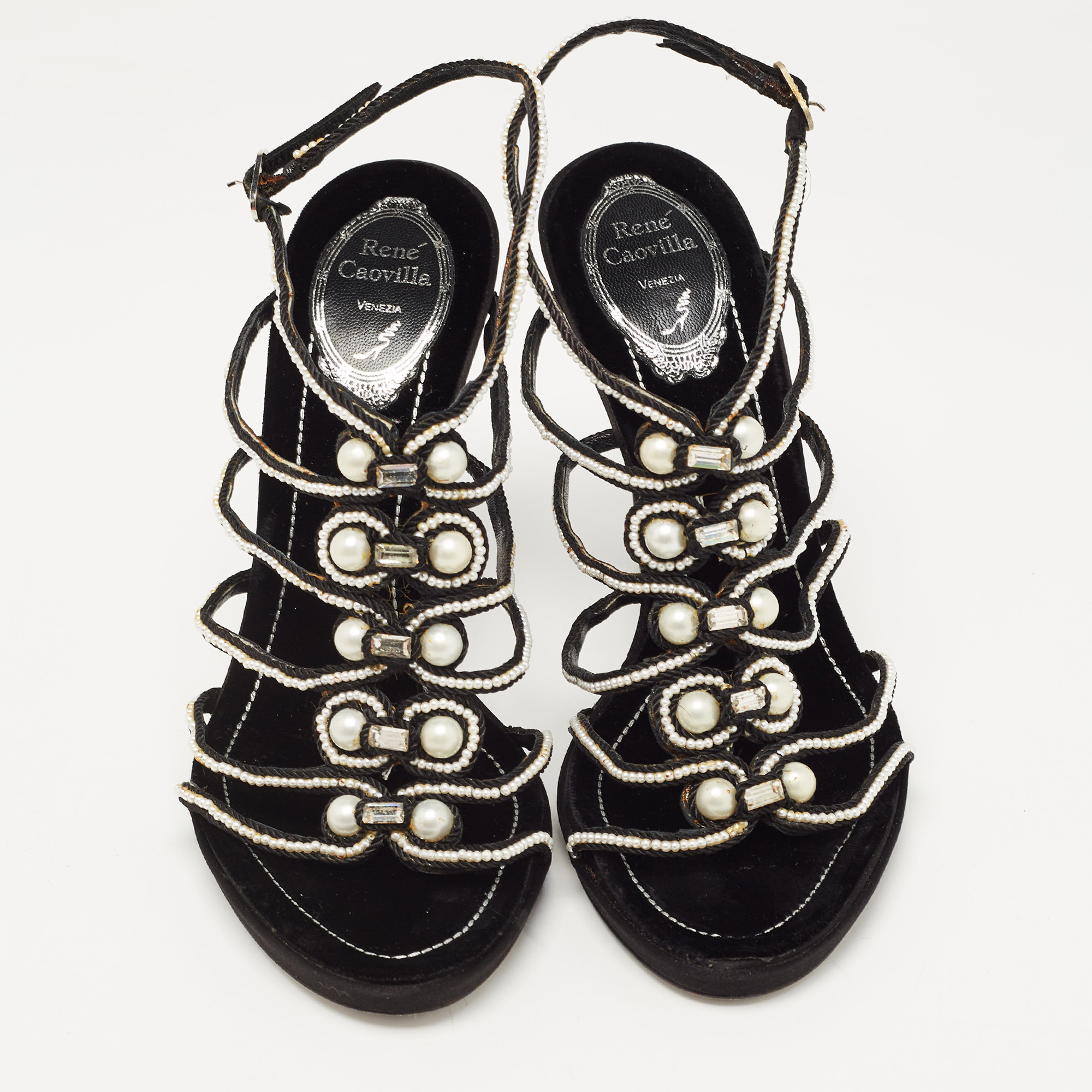 René Caovilla Black Cord Embellished Pearl Slingback Sandals Size 39