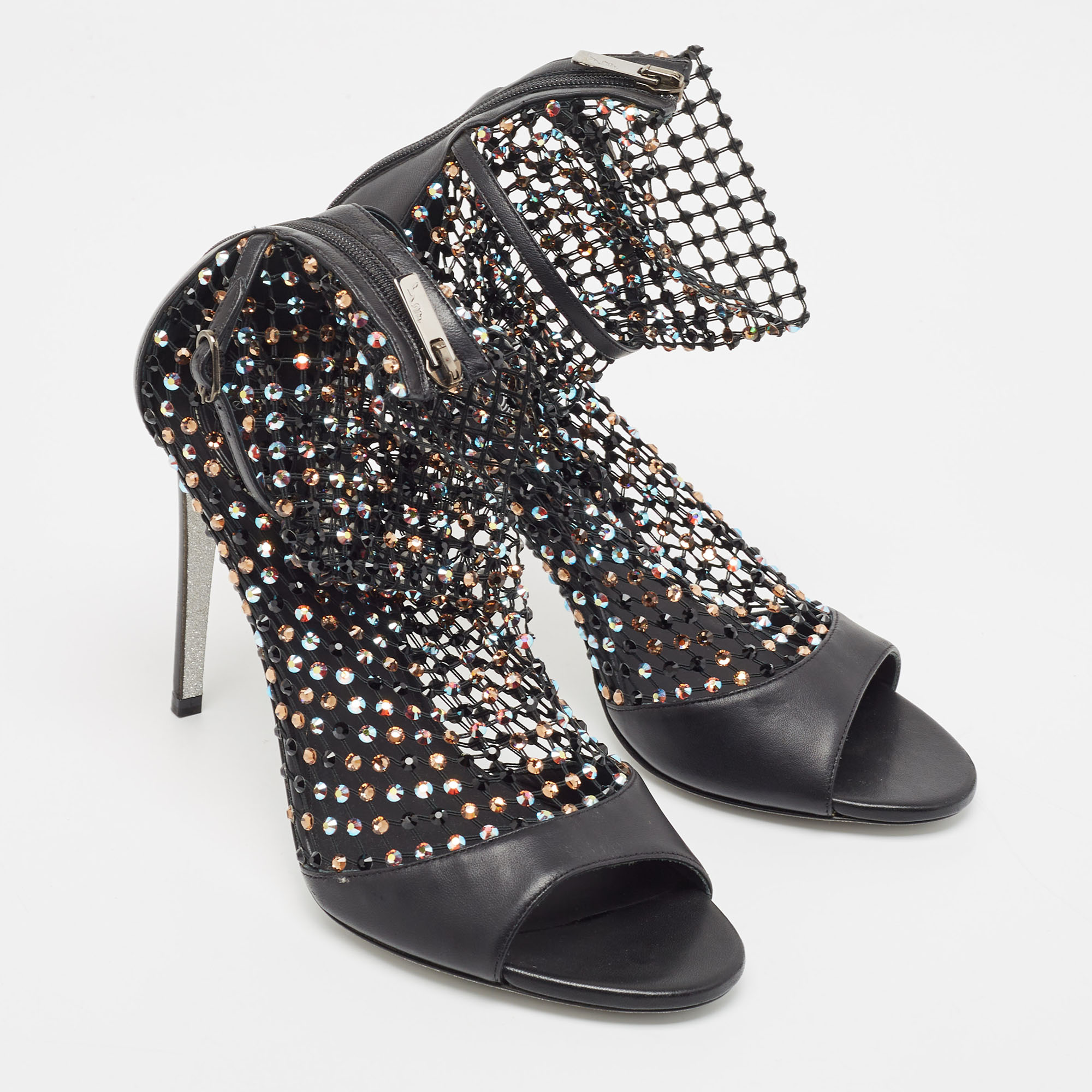 Rene Caovilla Black Leather And Crystal Embellished Mesh Galaxia Sandals Size 40