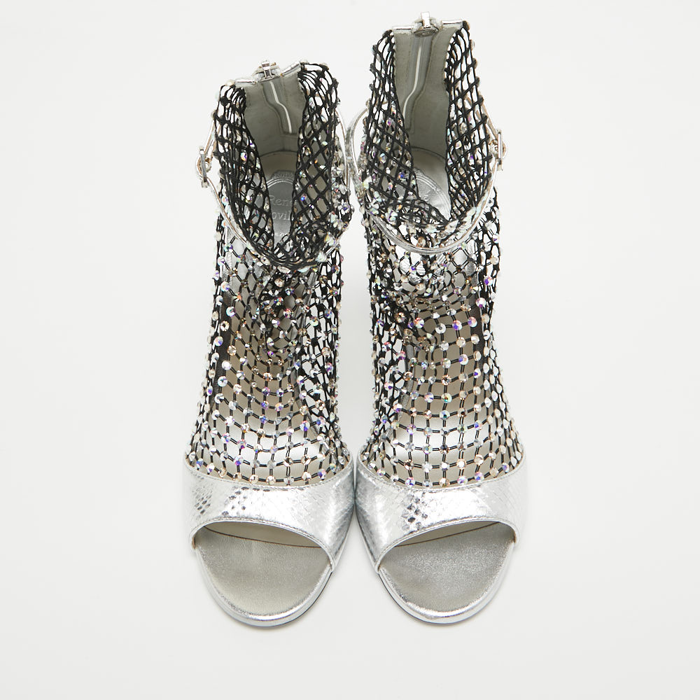 René Caovilla Silver Embossed Snakeskin And Crystal Embellished Mesh Galaxia Sandals Size 38