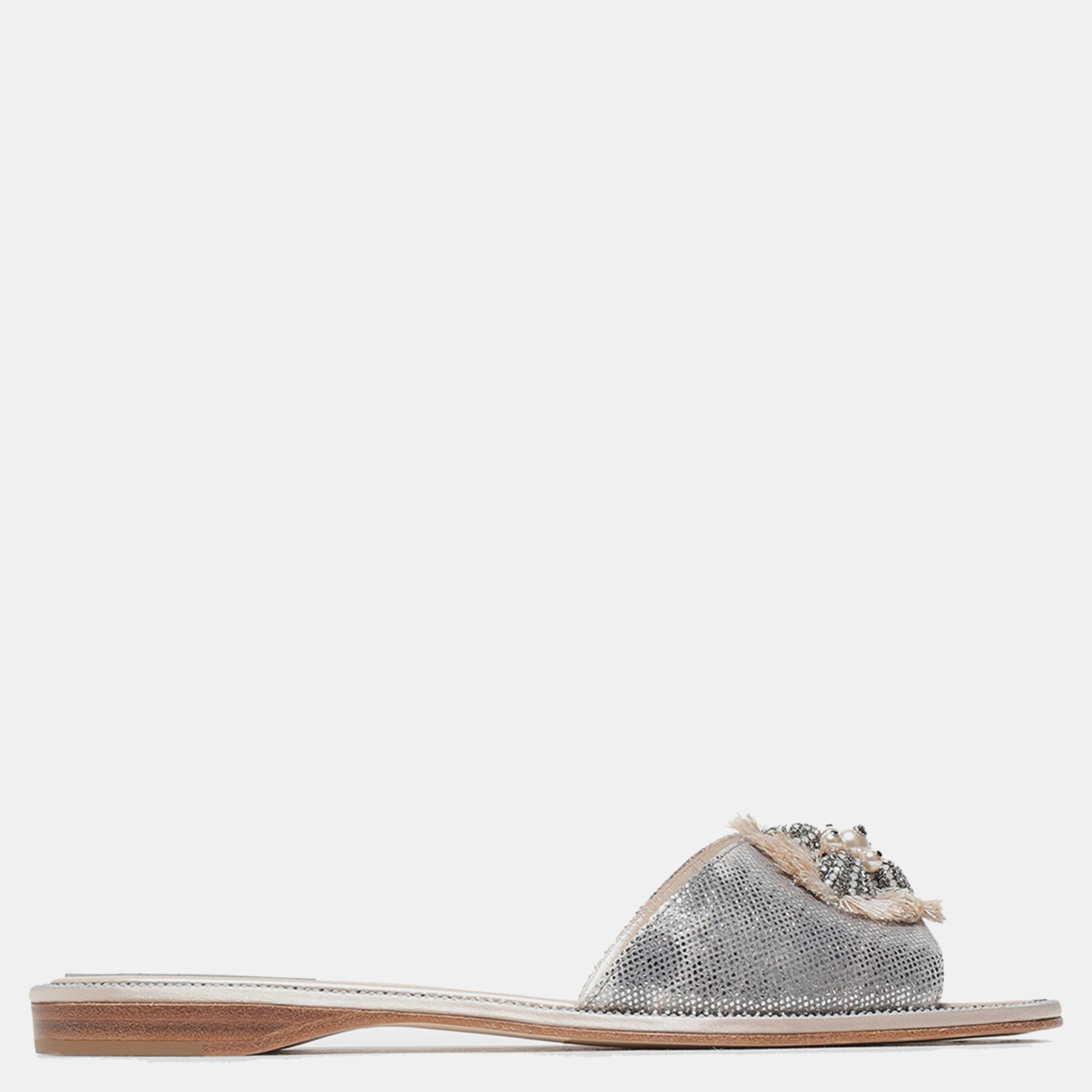 

Rene Caovilla Karung Leather Pearl Embellished Flat Slides, Silver