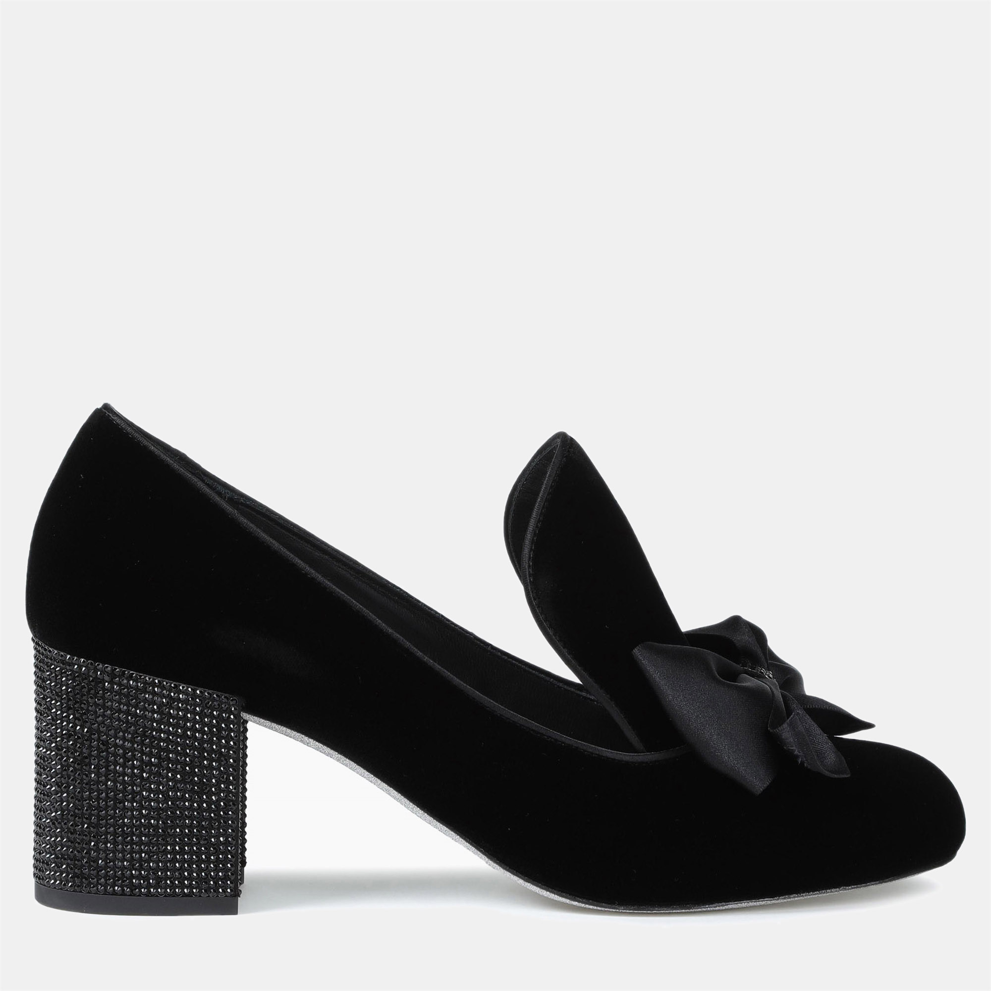 Rene caovilla black velvet block heel pumps size 36.5