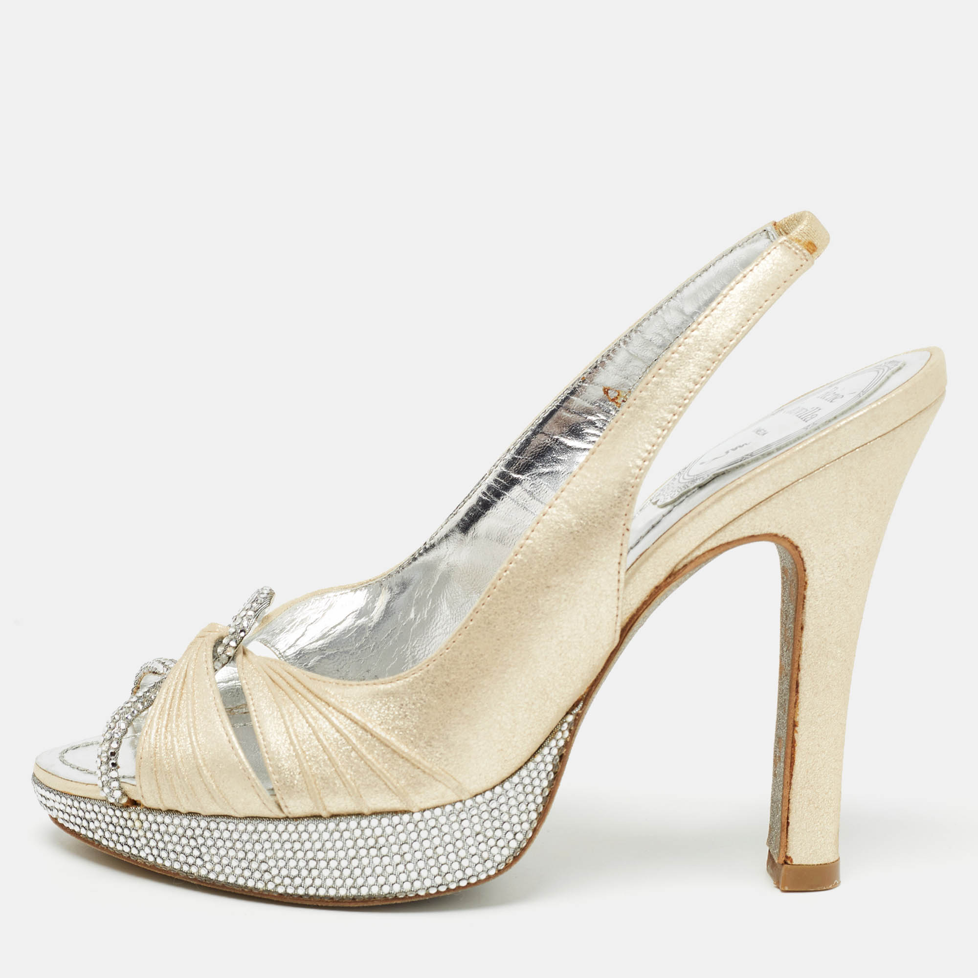 René caovilla ren&eacute; caovilla beige glitter nubuck leather crystal embellished slingback sandals size 36.5