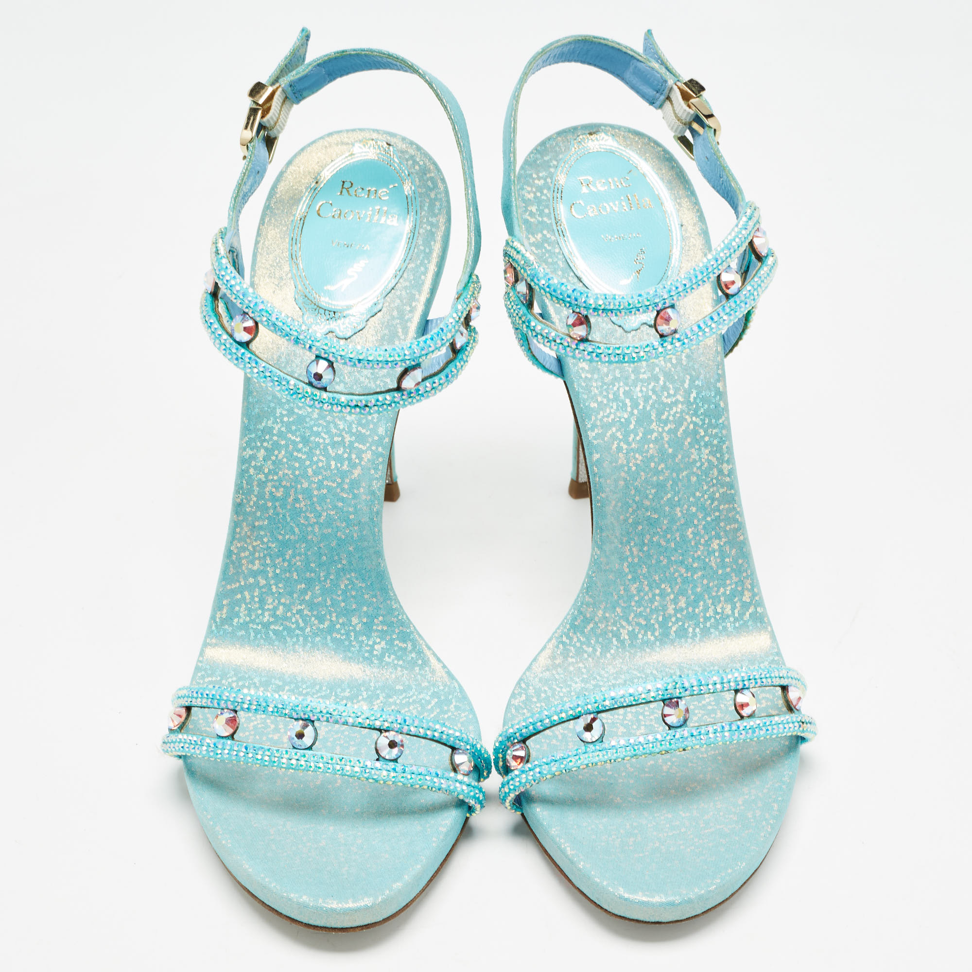 René Caovilla Metallic Blue Leather And Crystal Embellished Ankle Strap Sandals Size 39