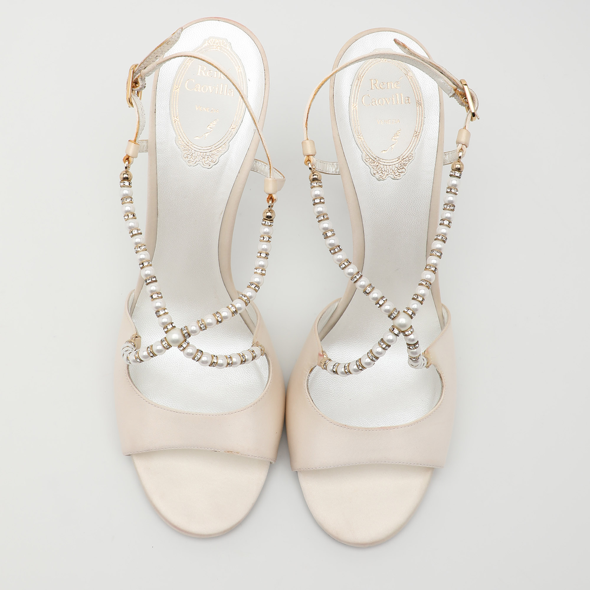 René Caovilla White Satin Embellished Slingback Sandals Size 40