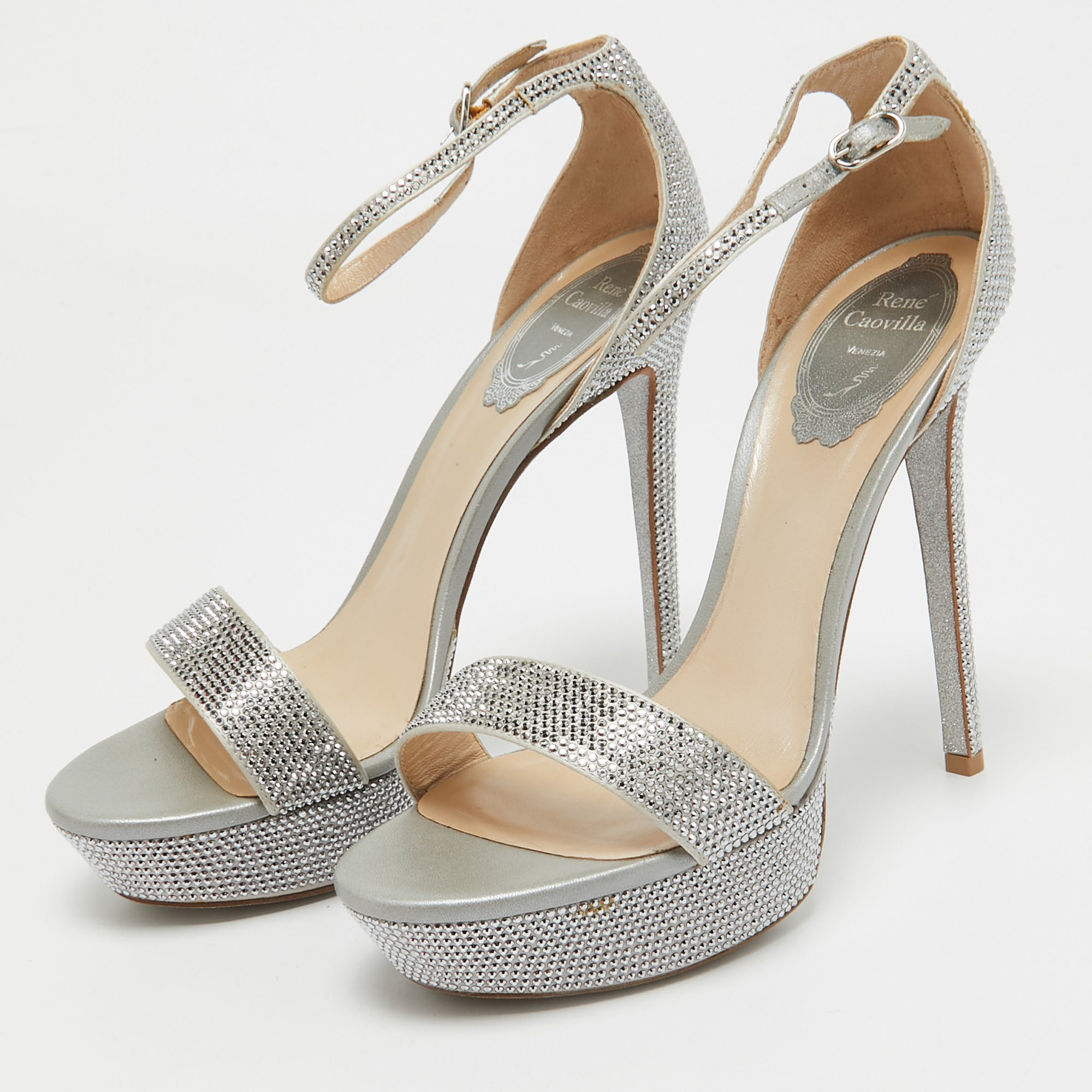 René Caovilla Grey Crystal Embellished Satin Platform Ankle Strap Sandals Size 38