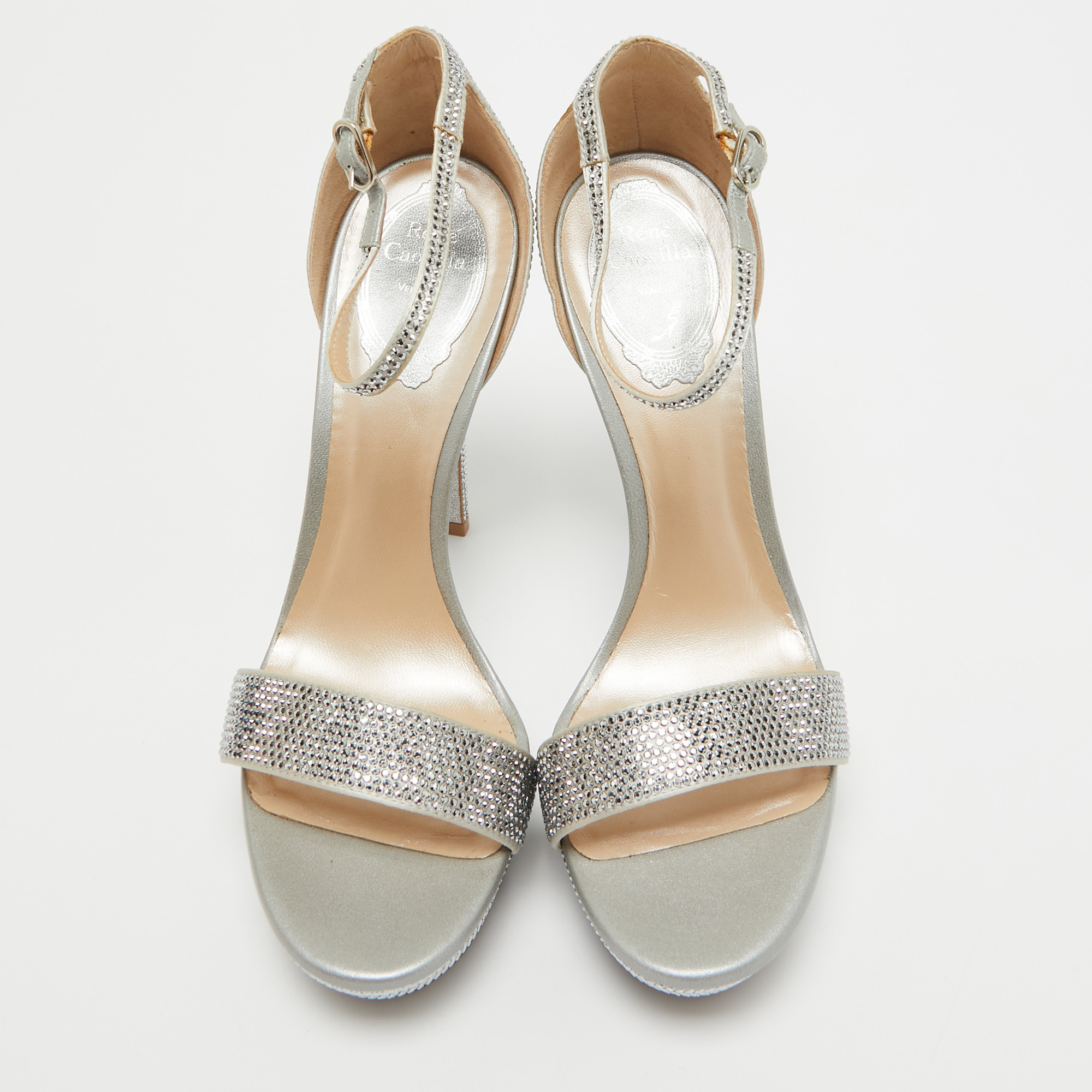 René Caovilla Grey Crystal Embellished Satin Platform Ankle Strap Sandals Size 38