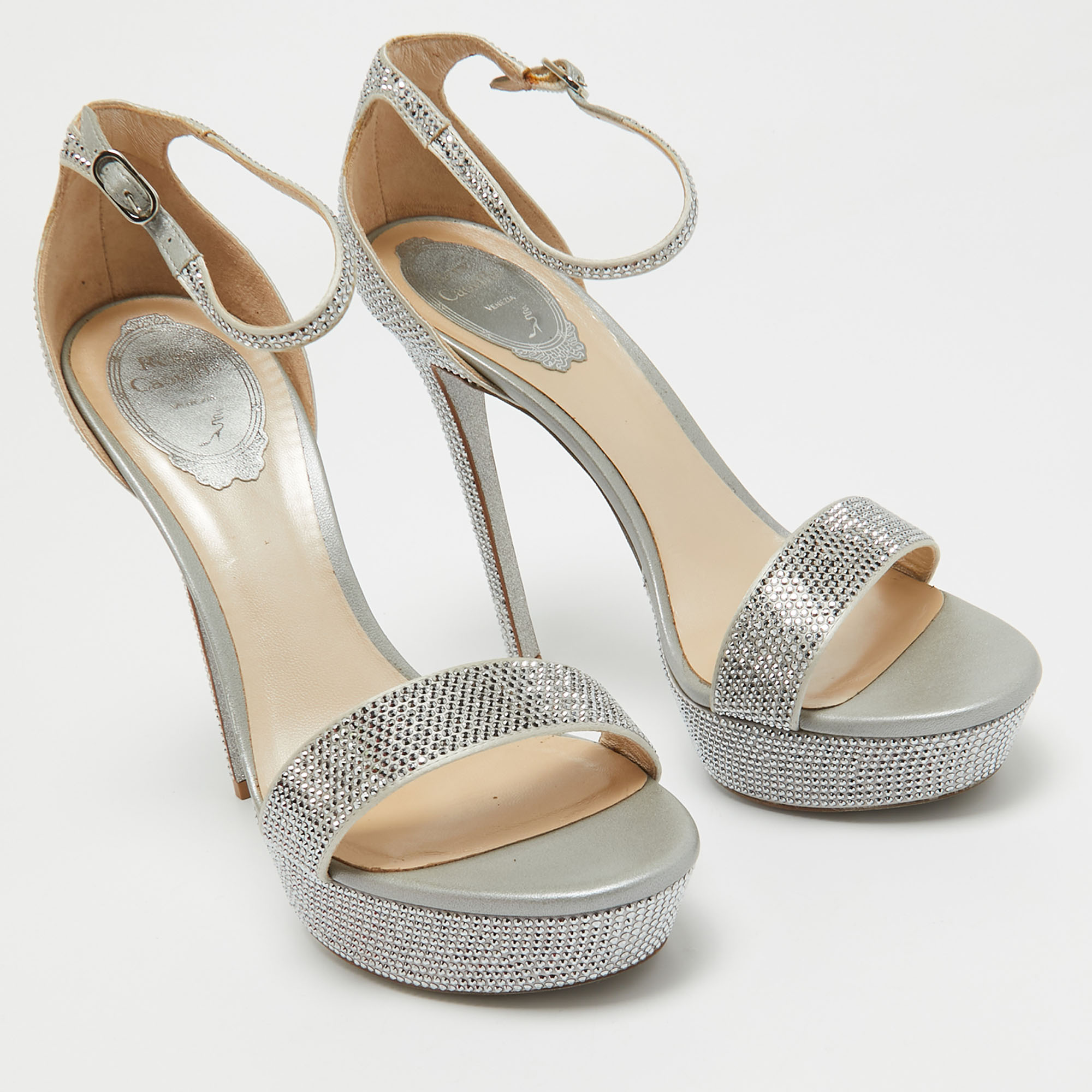 René Caovilla Grey Crystal Embellished Satin Platform Ankle Strap Sandals Size 38