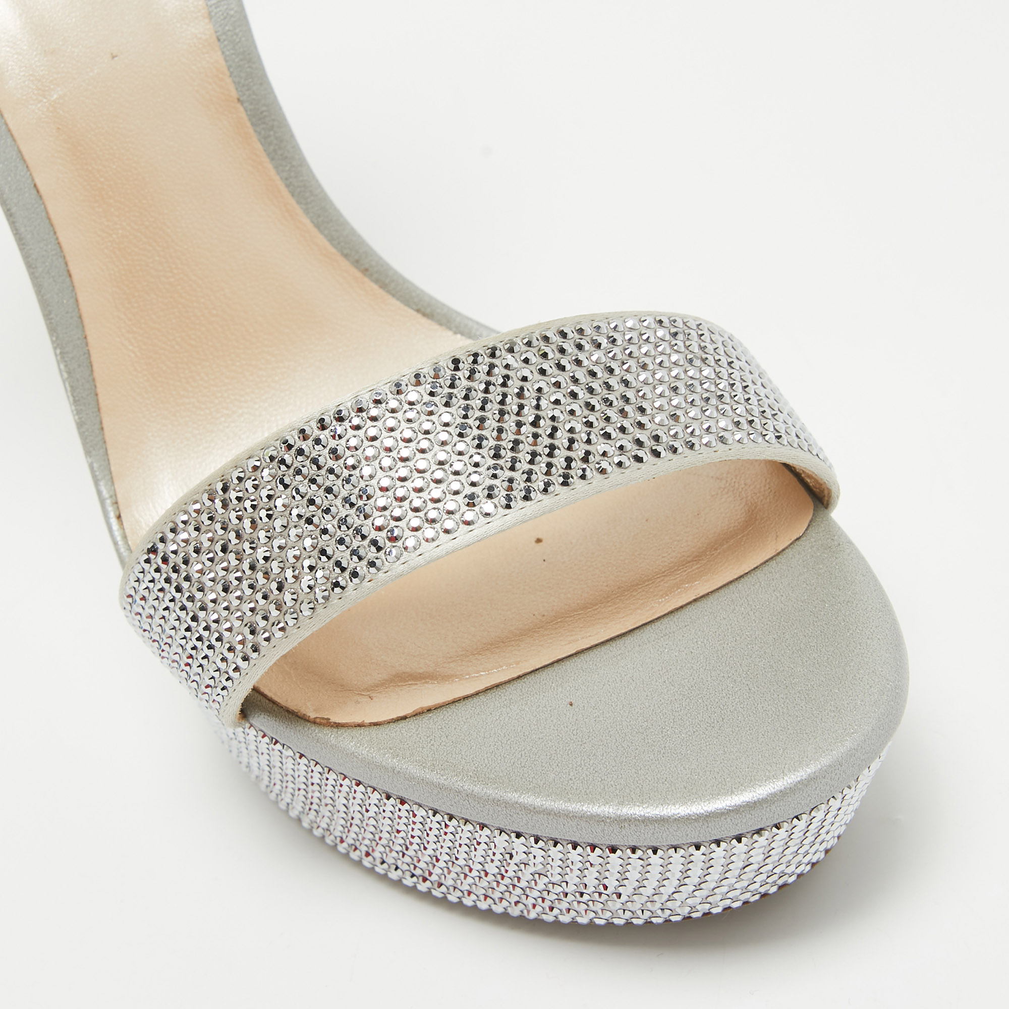 René Caovilla Grey Crystal Embellished Satin Platform Ankle Strap Sandals Size 38