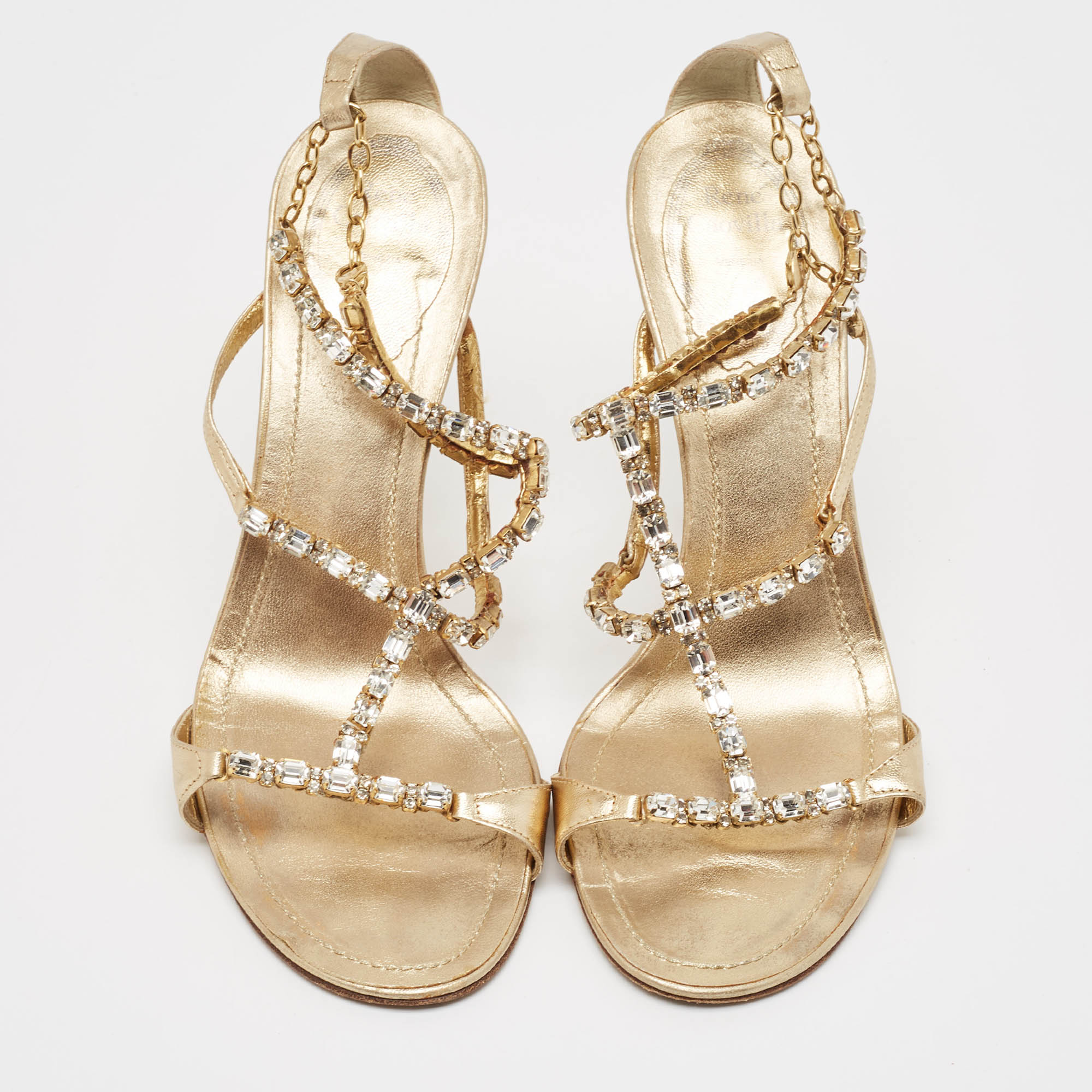 René Caovilla Gold Leather Crystal Embellished Ankle Strap Sandals Size 38