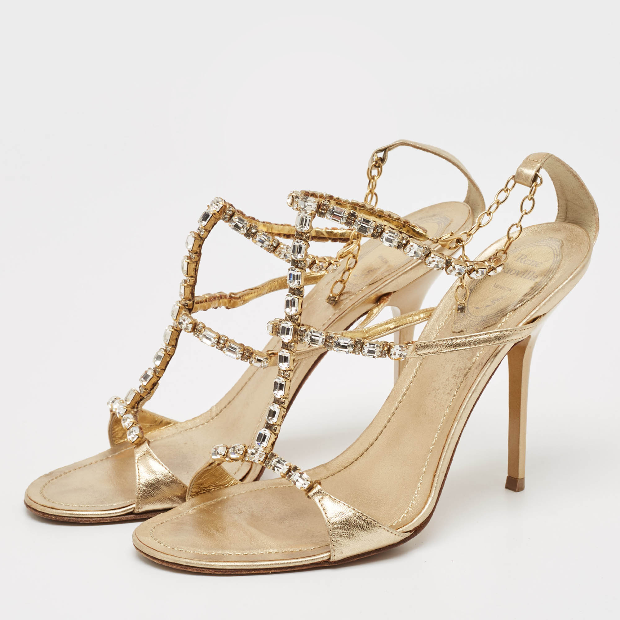 René Caovilla Gold Leather Crystal Embellished Ankle Strap Sandals Size 38