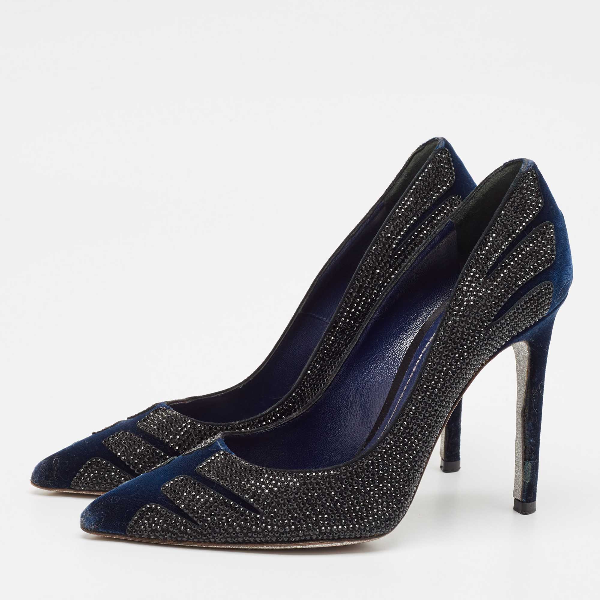 René Caovilla Blue/Black Velvet Crystal Embellished Pumps Size 38