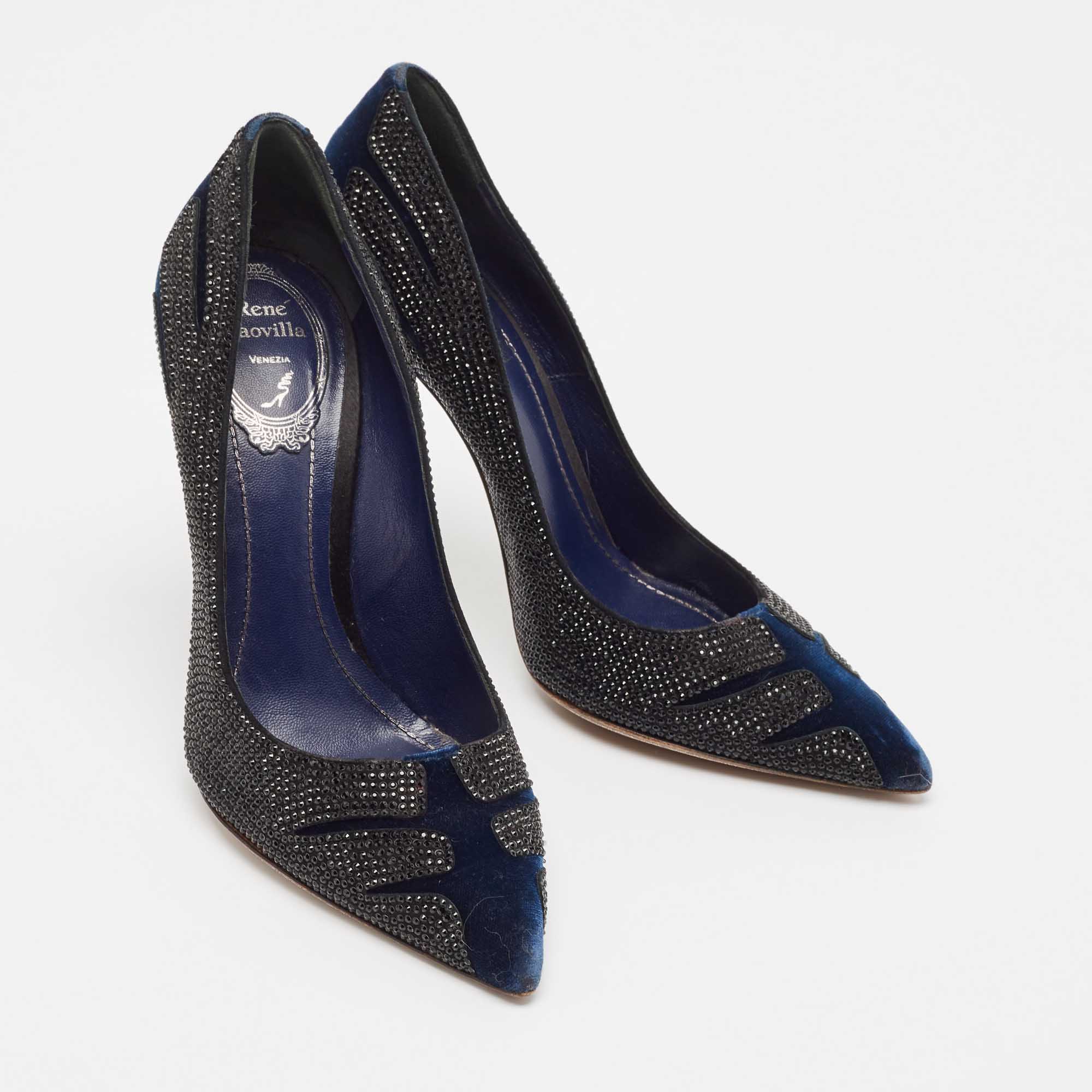 René Caovilla Blue/Black Velvet Crystal Embellished Pumps Size 38