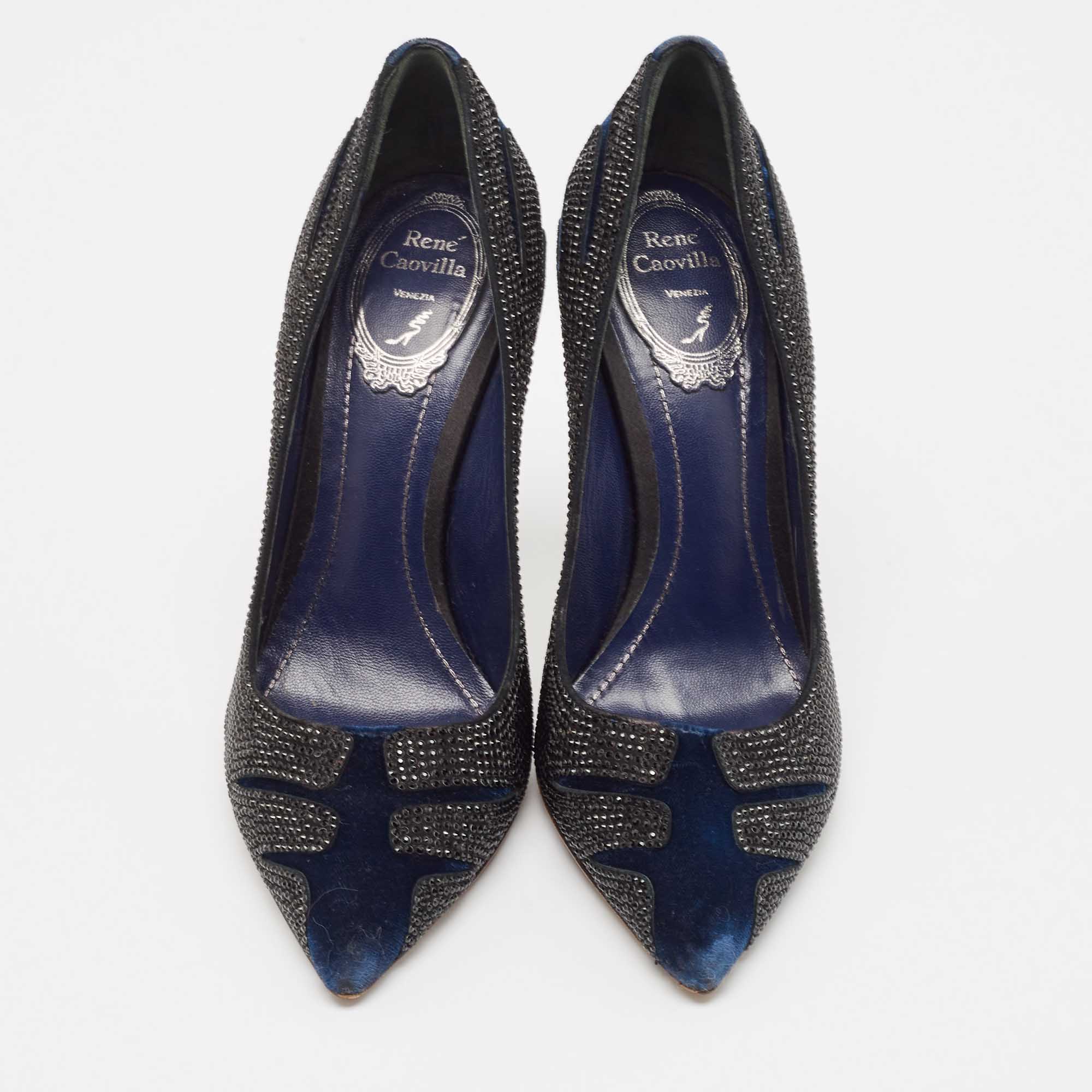 René Caovilla Blue/Black Velvet Crystal Embellished Pumps Size 38