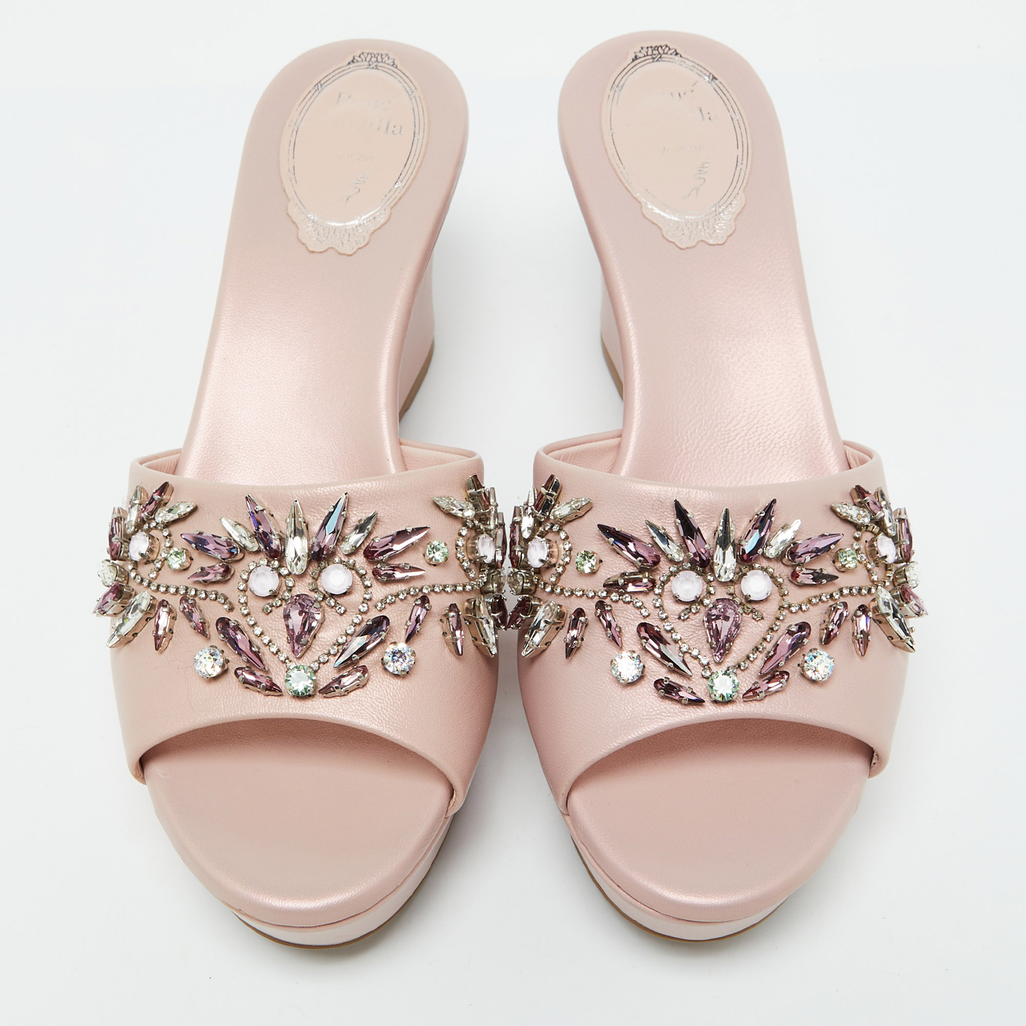 René Caovilla Pink Leather Crystal Embellished Platform Wedge Sandals Size 36