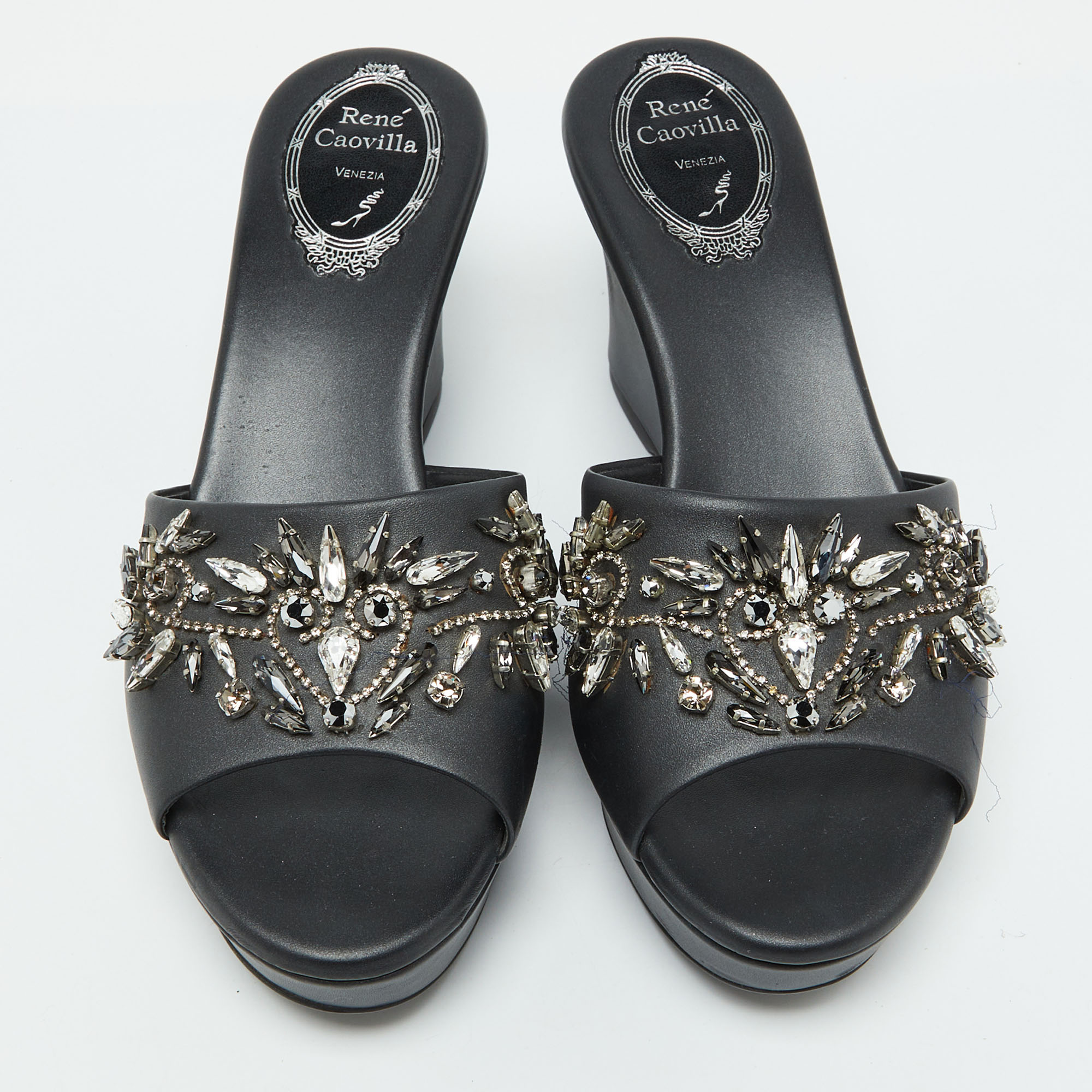 René Caovilla Black Leather Crystal Embellished Platform Wedge Sandals Size 36