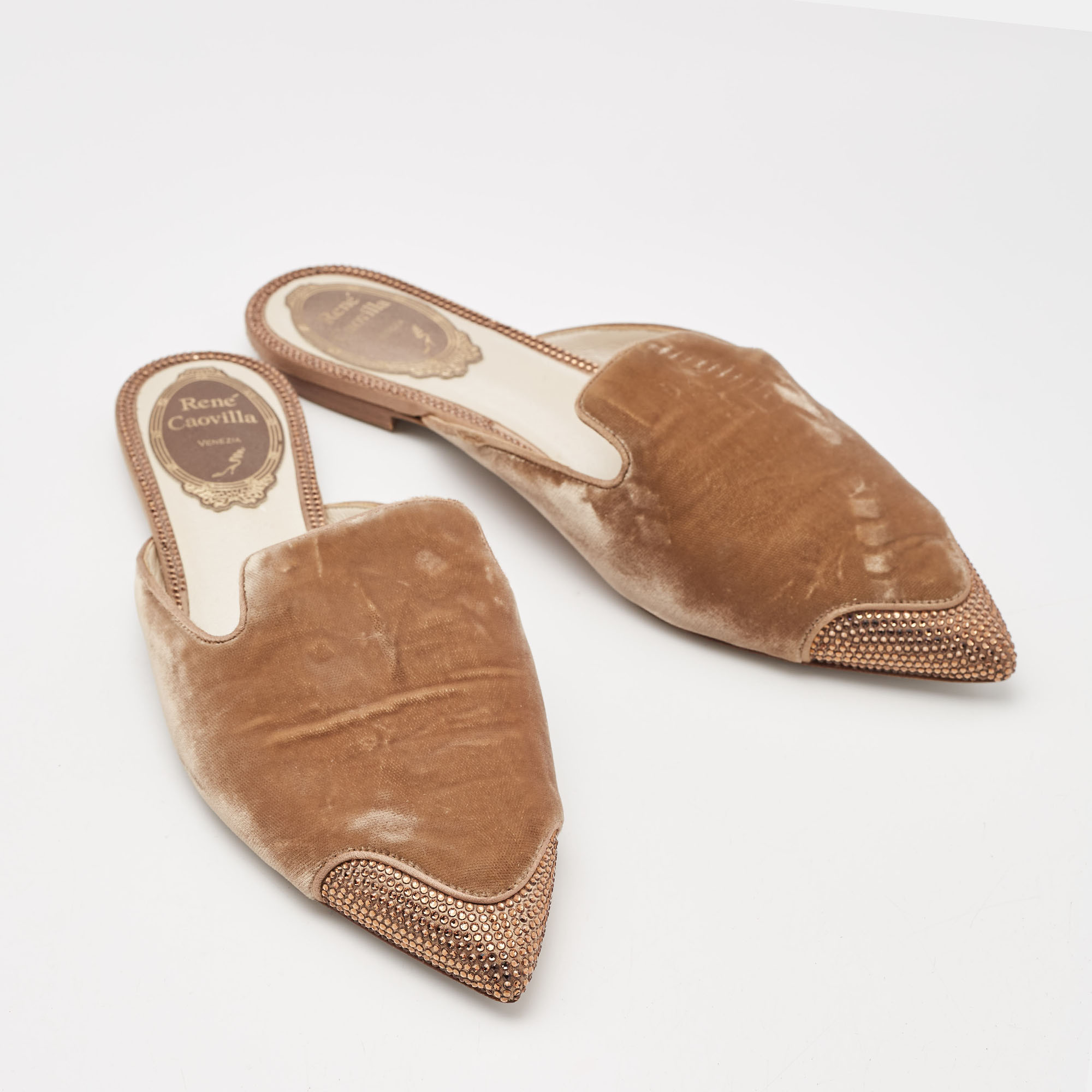 René Caovilla Brown Velvet Crystal Embellished Flat Mules Size 36