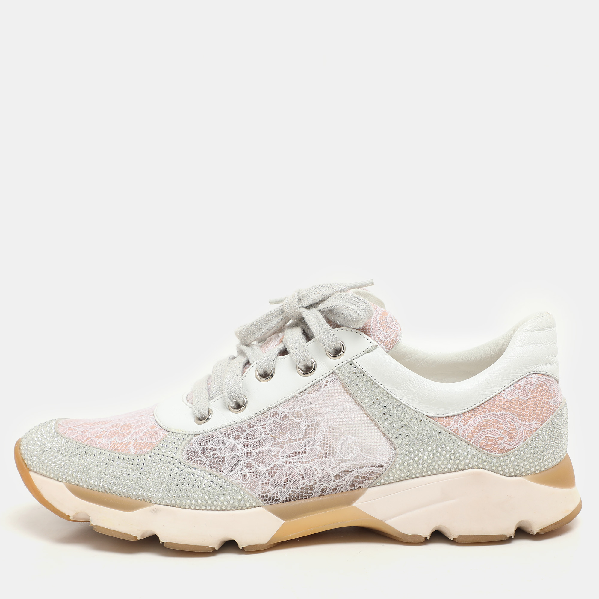 René Caovilla Pink/White Lace and Leather Crystal Embellished Low Top Sneakers Size 37
René Caovilla Pink/White Lace and Leather Crystal Embellished Low Top Sneakers Size 37