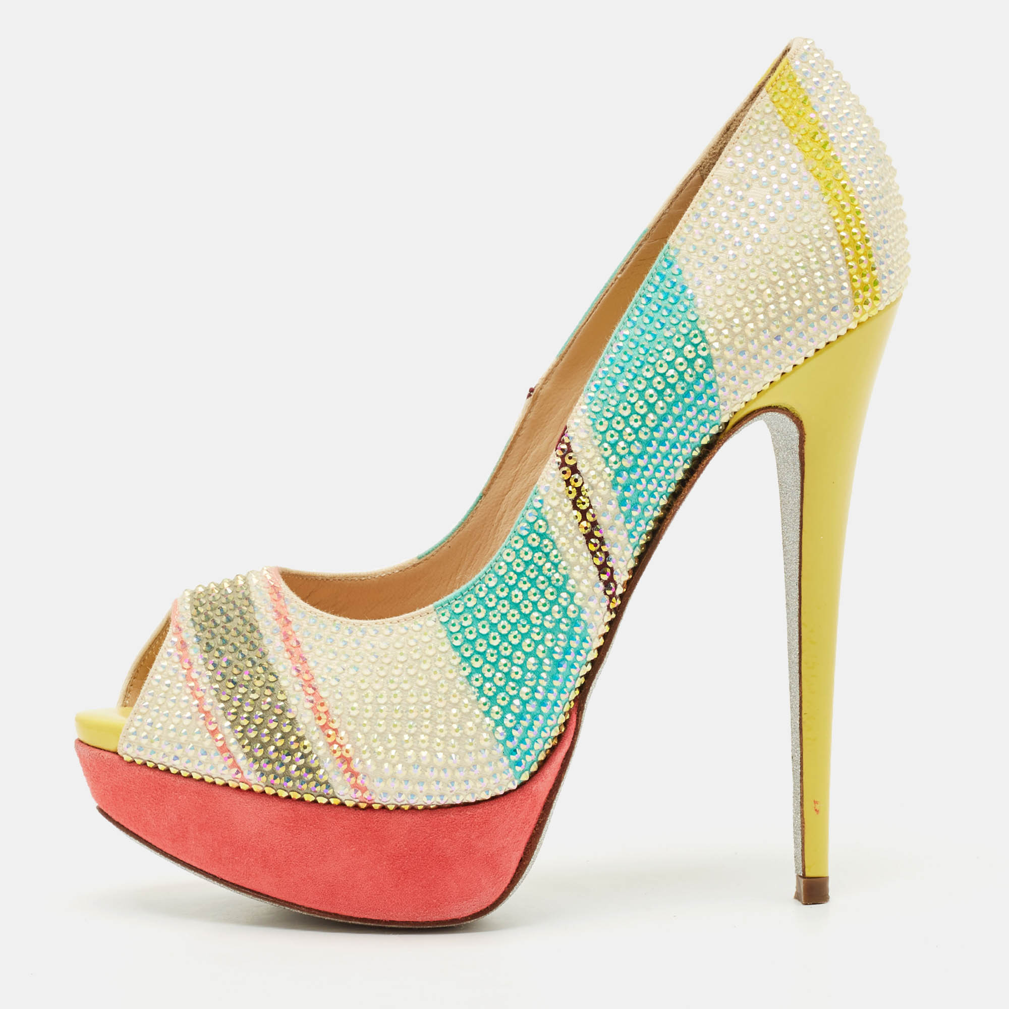 René Caovilla Multicolor Suede Crystal Embellished Platform Peep Toe Pumps Size
René Caovilla Multicolor Suede Crystal Embellished Platform Peep Toe Pumps Size