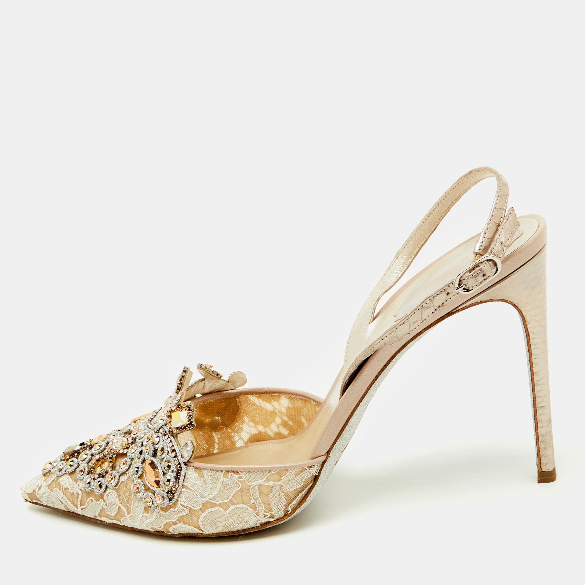 Rene Caovilla Beige Lace and Leather Crystal Embellished Slingback Pumps Size
Rene Caovilla Beige Lace and Leather Crystal Embellished Slingback Pumps Size