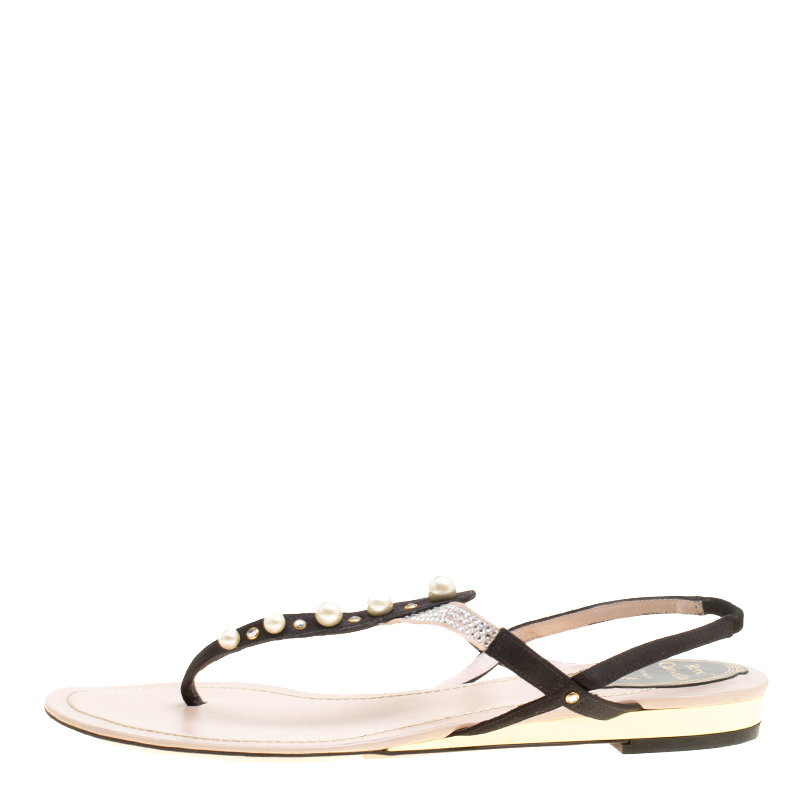 Ren&eacute; Caovilla Black/Beige Satin Pearl Detail Flat Sandals Size 37