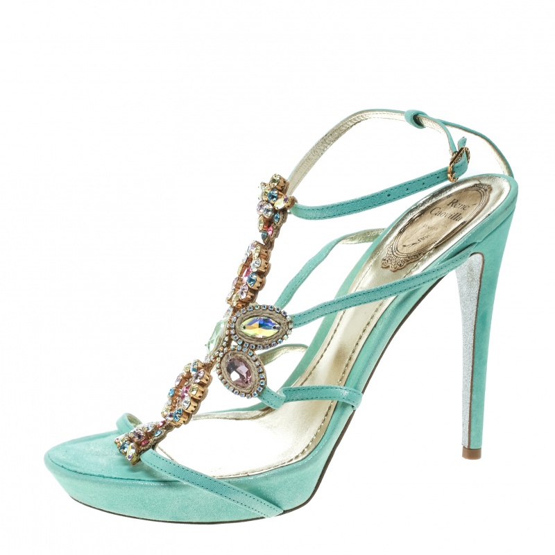 Image of Ren&eacute; Caovilla Mint Blue Suede Crystal Embellished Strappy Sandals Size