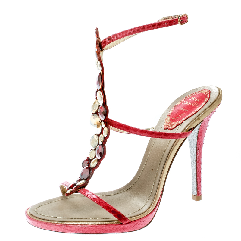 Image of Ren&eacute; Caovilla Red Embossed Python Leather Crystal Embellished Ankle Strap Sandals Size .