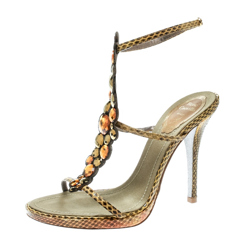 René Caovilla Yellow Python Crystal Embellished Strappy Sandals Size 37.5