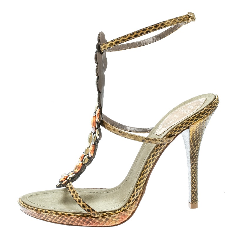 Ren&eacute; Caovilla Yellow Python Crystal Embellished Strappy Sandals Size 37.5