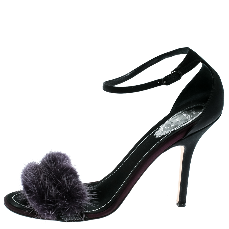 René Caovilla Black Satin And Purple Mink Fur Crystal Embellished Ankle Strap Sandals Size
René Caovilla Black Satin And Purple Mink Fur Crystal Embellished Ankle Strap Sandals Size