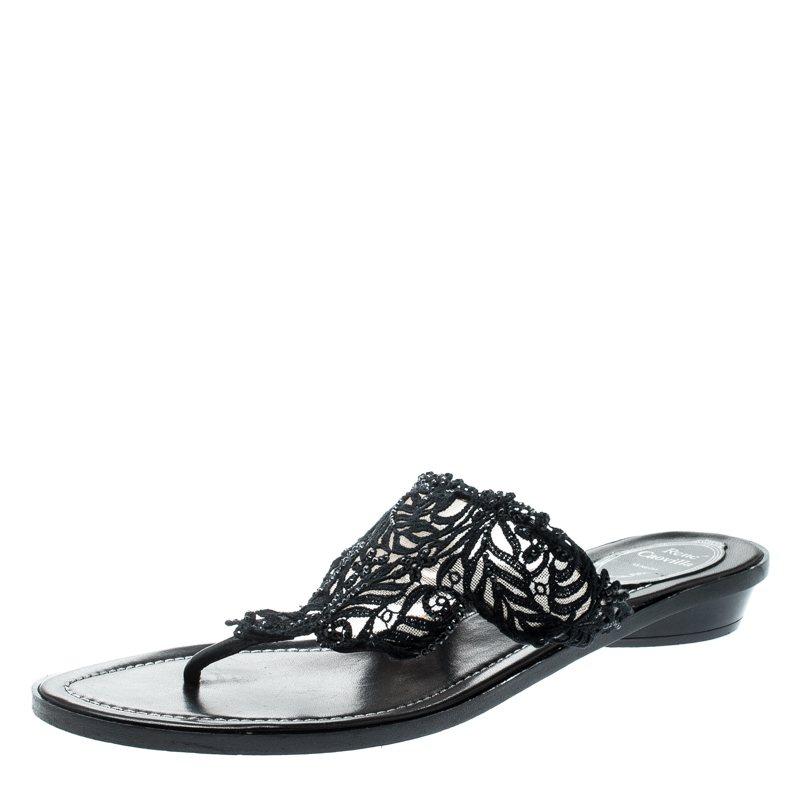 

Rene Caovilla Black Crystal Embellished Lace And Leather Flat Thong Sandals Size