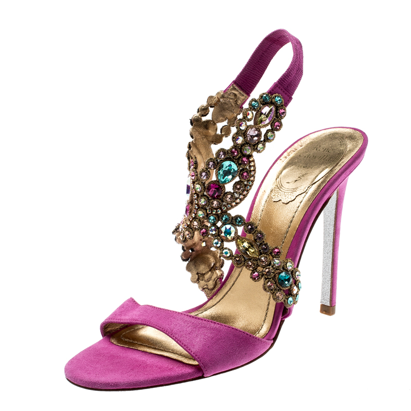 Image of Ren&eacute; Caovilla Pink Suede Crystal Embellished Anklet Sandals Size