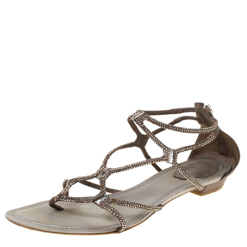 Image of Ren&eacute; Caovilla Dark Beige Crystal Embellished Leather Gladiator Flat Sandals Size