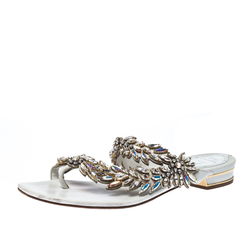 Image of Rene Caovilla White Leather Crystal Embellished Slides Sandals Size