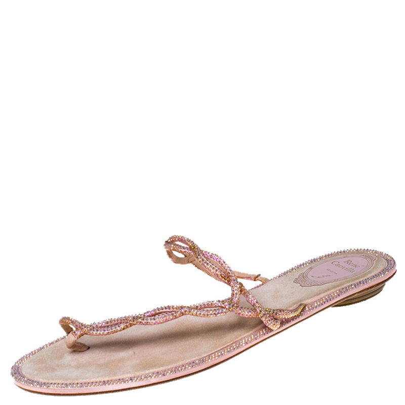 Image of Rene Caovilla Pink Crystal Embellished Thong Flat Sandals Size